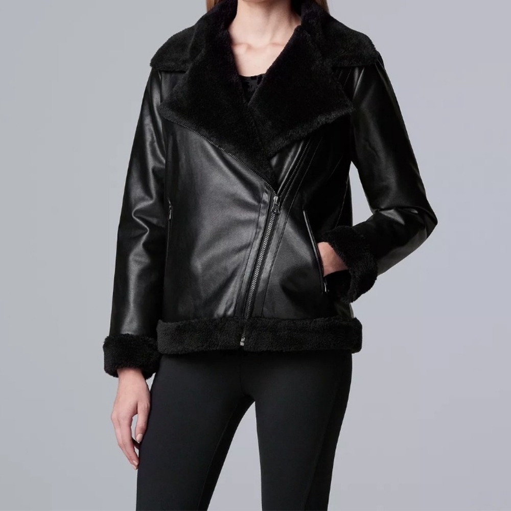 Simply Vera Vera Wang Women's Black Faux Leather Shearling Jacket large …
